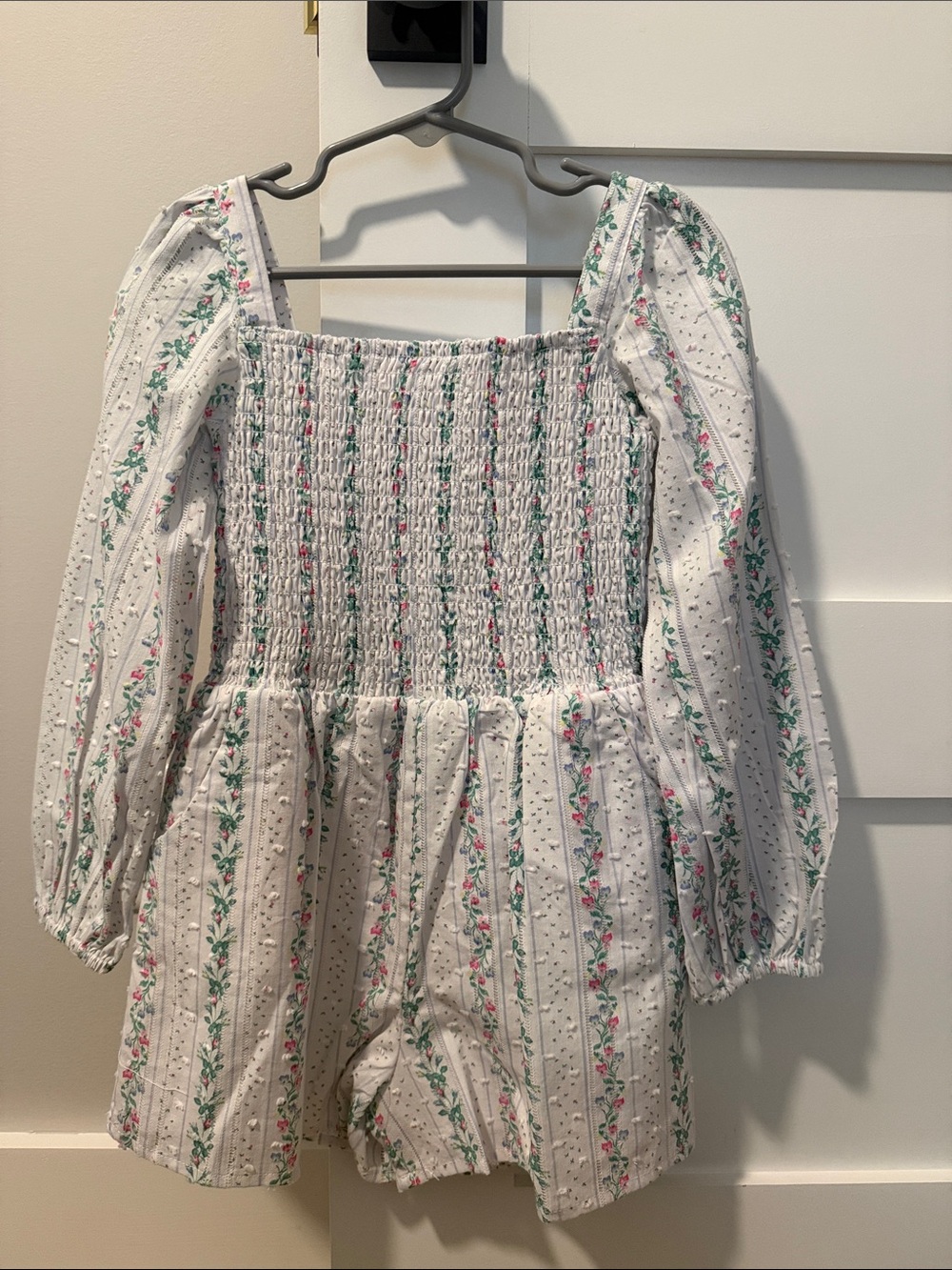 Janie and Jack White Eyelet Smocked Romper with Pink & Green Floral Trim